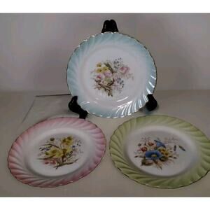 3 Vintage 8" Hand Painted Plates with Swirl Rim - Floral Center - Gold Trim